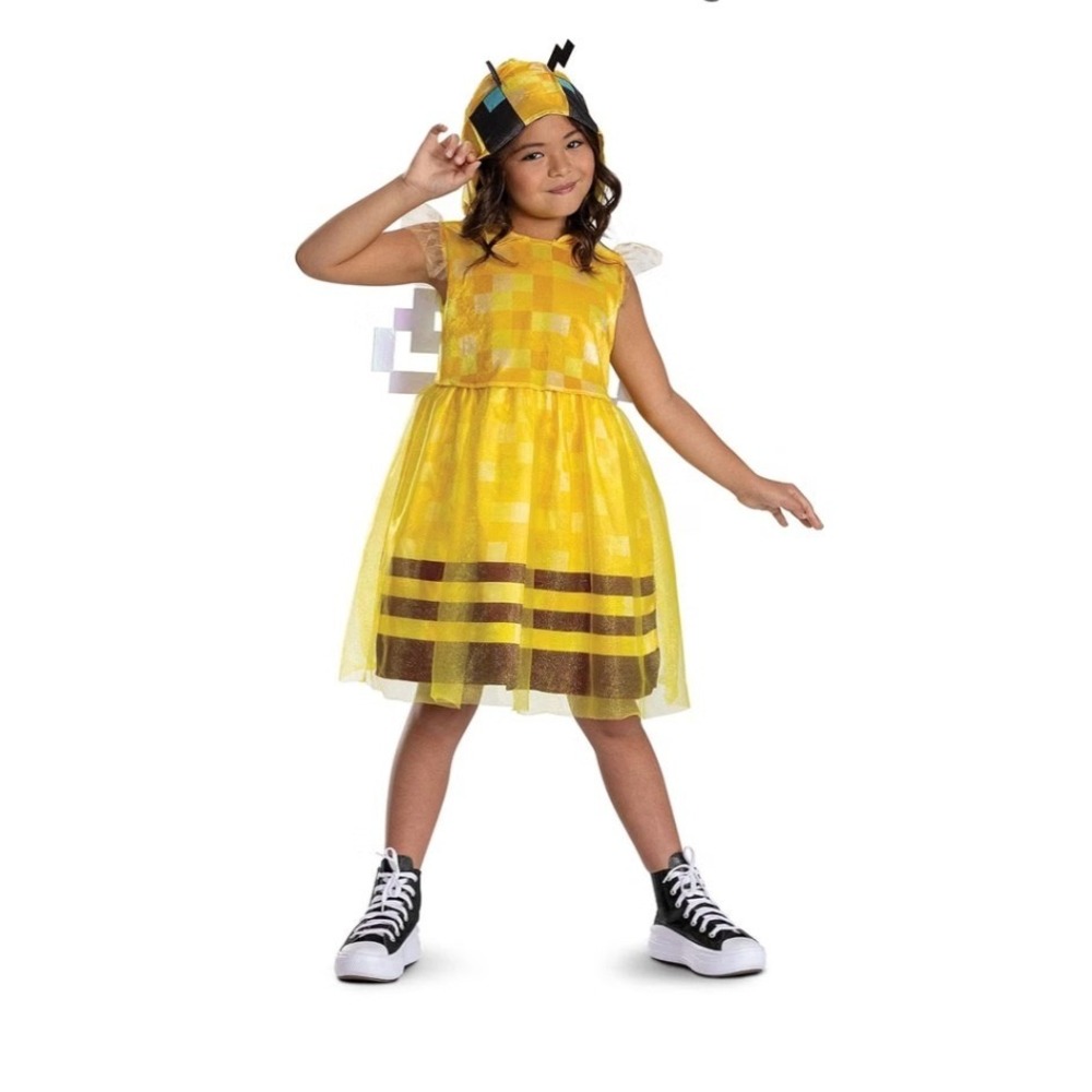 Minecraft Bee Child Costume Hooded Dress Detachable Wings Yellow Medium 7-8